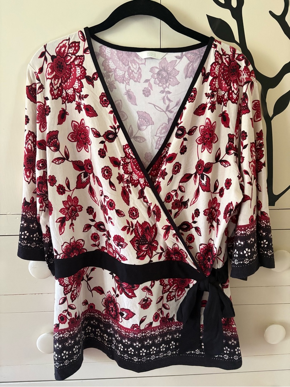 Marks & Spencer Cream Floral Wrap Blouse with Red and Black Accents